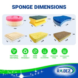 RADEZ 12 Pack Eco Finger Grip Cleaning Sponges 6 Types (2 Each) Natural Loofah,Cellulose, Heavy-Duty,Non-Scratch Pads, Biodegradable,Compostable, Reusable for Kitchen, Bathroom, Car UKBrand