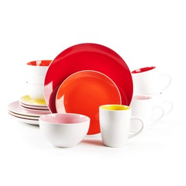 HomeVss, Stoneware Coupe Shape Dinnerware Set, Outside White + Inside (16pc Set, Very Rose)