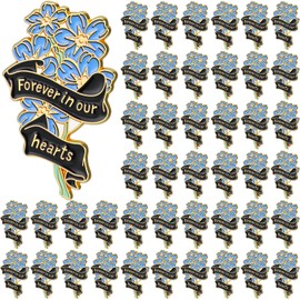 Misdary 75 Pieces Funeral Memorial Pins Bulk Blue Flower Brooches Forever in Our Hearts Lapel Pin Funeral Favors for Mourning Remembrance Day