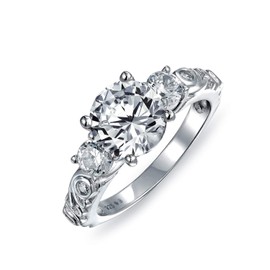 Art Deco Vintage Style Cubic Zirconia 3CT Brilliant Cut Round Solitaire Three Stone Past Present Future Side Stones CZ Anniversary Engagement Ring Set Band For Women .925 Sterling Silver