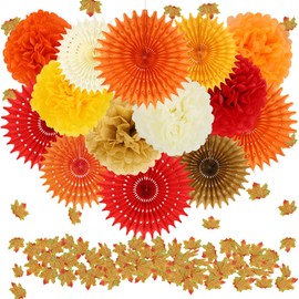 BestoFun Pack of 15 Autumn Orange Red Pompoms Paper Fan Decoration