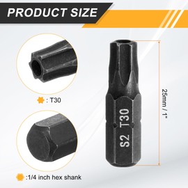 HARFINGTON 2pcs T30 Torx Screwdriver Bit 1/4" Hex Shank 25mm/1" Length S2 Steel Star 6 Point Head Hex Security Screw Driver Bits with Hole for Impact Electric Screw Driver Power Tools, Black