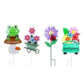 WONDER GARDEN Welcome Decorative Garden Stakes, 4Pcs Flower Metal Yard Signs Lawn Stake with Frog, Mushroom, Gnome, Butterfly and Ladybug for Outdoor Decorations