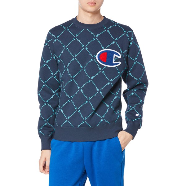 Champion C3-S002 Men's Sweatshirt, Long Sleeve, Fleece Lined, Big C Logo Sagara Patch, Script Logo Pattern Print, navy