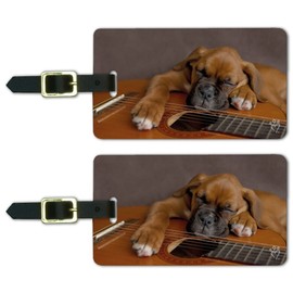 Boxer Puppy Dog Sleeping on Guitar Luggage ID Tags Carry-On Cards - Set of 2