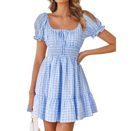 ZESICA Women's 2025 Summer Boho Plaid Mini Dress Square Neck Puff Short Sleeve Ruffle A Line Swing Short Dresses, Sky, S
