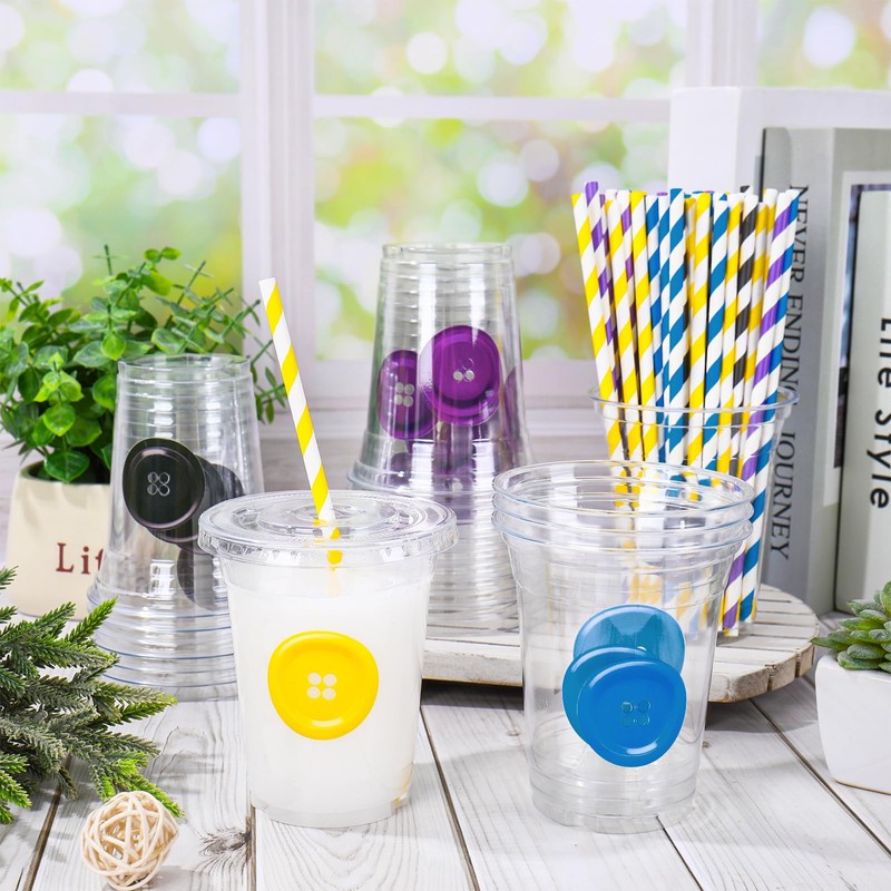 100Pcs Button Party Plastic Cups Disposable Cups with Lids Straws