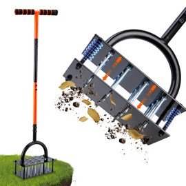 Bluesea Lawn Aerator Tool - 16 Iron Spikes with Ergonomic T-Handle, Automatic Dirt Clean for Soil Loosening & Yard Aeration, Manual Metal Grass Aerator (Black - Orange)