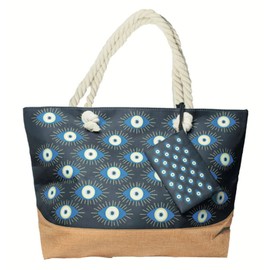 Large Black Beach Bag with Evil Eye Design – Rope Handles, Zipper Closure & Matching Mini Pouch – 23"x15"x6" inches – Spacious Tote for Beach, Pool & Travel