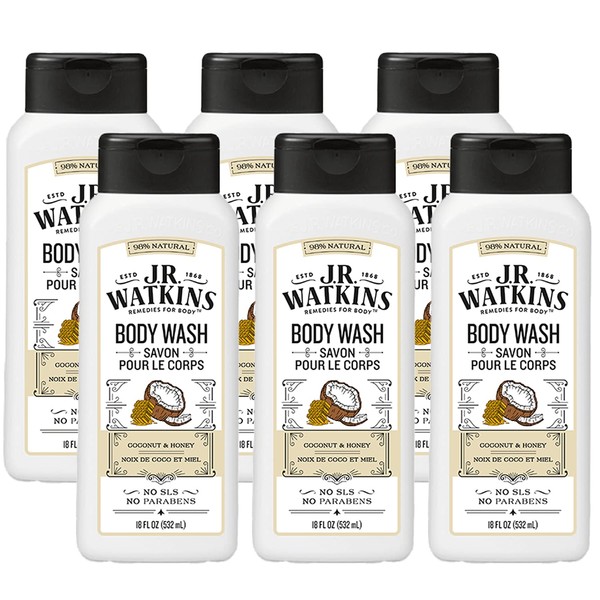 J.R. Watkins Daily Moisturizing Body Wash, Coconut Milk & Honey, 18 ounce (Pack of 6)