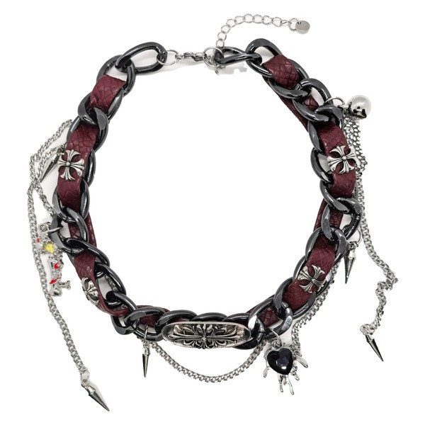 QINHE Gothic Red Leather Choker Necklace with Cross, Heart and