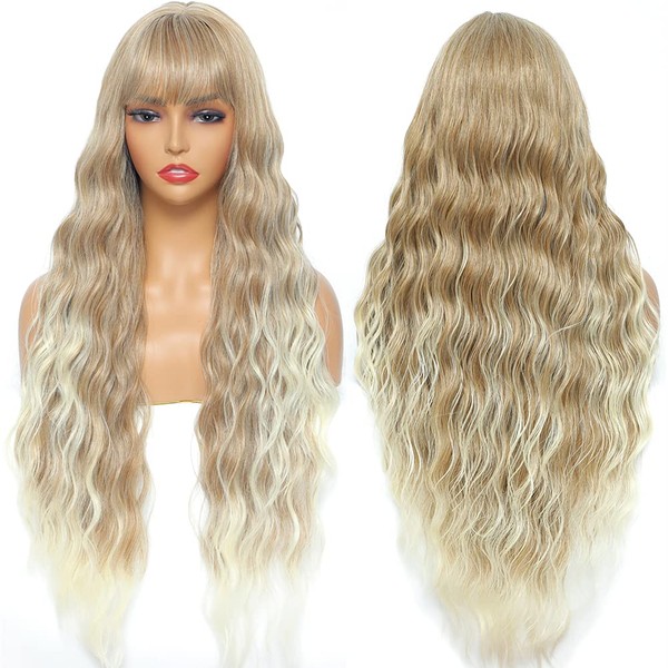 seelaugh Wigs 75 cm Colours Mix Wig with Fringe Long Water Wave Synthetic Hair Wigs with Fringes Wavy Long Curly Wigs with Bangs Wigs for Women Synthetic Fibre Blonde Wigs for Women