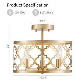 WUZUPS Chandelier 3-Light Vintage Farmhouse Semi-Flush Mount Ceiling Light Lighting Fixture for Foyer Bedroom Hallway Storage Room Kitchen Bathroom, H 9.8" x W 12.4", E12 Base, Gold