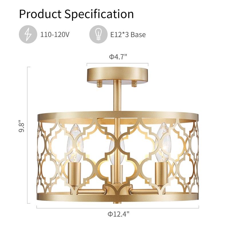 WUZUPS Chandelier 3-Light Vintage Farmhouse Semi-Flush Mount Ceiling Light Lighting