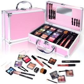 YBUETE Makeup Kit for Teens Girls Women, Full Starter Cosmetics Set, Makeup Gift Set, Beginner Makeup Kit, Cosmetic Train Case For Women Full Kit, Included Eyeshadow Blusher Contour Eyebrow Powder