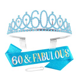 Vovii 60th Birthday Sash and Blue Tiara - Gifts and Decorations for Women - Happy Birthday