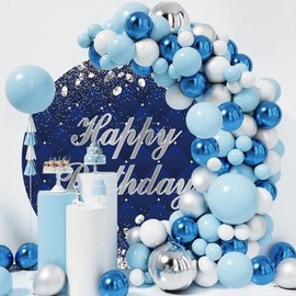 OERJU 6.5x6.5ft Royal Blue Glitter Round Backdrop for Birthday Silver Glittering Spots Diamonds Photography Background Child Adult Happy Birthday Party Banner Decorations Photo Booth Studio Props