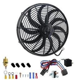 PRUNkuar 16 inch Electric Radiator Cooling Fan 12V with 1000 CFM Thermostat Wiring Switch Relay Kit Black