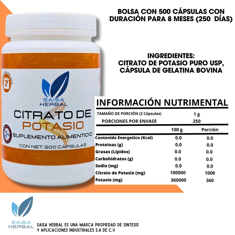 Citrato de Potasio bolsa con 500 cápsulas