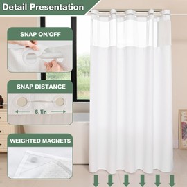 FONFLAIRE No Hook Shower Curtain with Snap-in Liner, Waffle Weave Hotel-Style Fabric, Waterproof & Machine Washable, 71" x 74" (White)