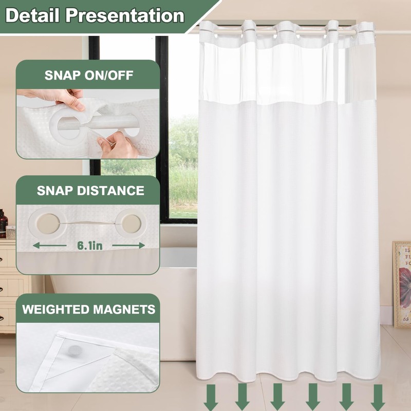 FONFLAIRE No Hook Shower Curtain with Snap-in Liner, Waffle Weave