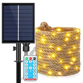 AMZSTAR Solar String Lights Outdoor, Waterproof Natural Hemp Rope Lights with Remote/Rechargeable Port,Dimmable Outdoor Solar Light Cafe Lights for Garden Bistro Party Porch Yard Balcony (200led 10m)