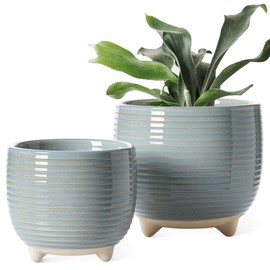 LE TAUCI Ceramic Plant Pots, 5.1 + 6.4 Inch Footed Pots for Plants, Modern Flower Pots for Home and Office, Indoor Planters with Drainage, Reactive Glaze Gray
