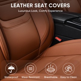 TIEHESYT Car Seat Covers Full Set, Breathable Leather Automotive Front and Rear Seat Covers & Headrest for Reduce The Driving Fatigue, Compatible with Most Vehicles, Cars (Brown, Front Pair)
