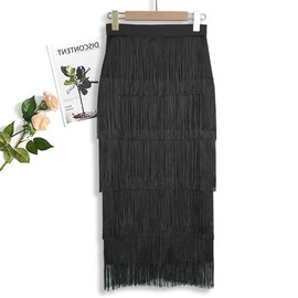AOMEI Women's Black High Waist Fringe Tiered Bodycon Pencil Midi Skirt L