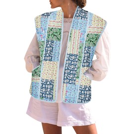 Tankaneo Womens Puffer Quilted Cropped Vest Oversized Floral Patchwork Lightweight Jacket Cap Sleeve Outerwear Vest