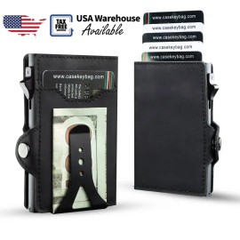 Casekey Fashion Slim Minimalist Pu Vintage Leather Smart Money Clip Wallet Rfid Blocking Pop up Aluminum Card Holder for Giftcolor: Carbon Red