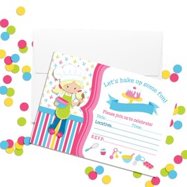 Bake Up Some Fun Cooking and Baking Themed Birthday Party Invitations for Girls, 20 5"x7" Fill In Cards with Twenty White Envelopes by AmandaCreation
