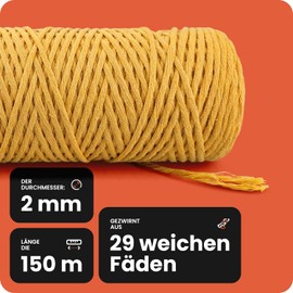 Netuno 1 x Macrame Yarn, Green, 2 mm, 150 m, Single Twisted Cord, Cotton Textile Yarn, Natural Cotton Yarn for Macrame Cord, Cotton Cord, Decorative Cord, Coloured Twisted Macrame Cotton Cord