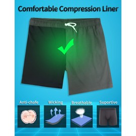 LUCOWEE Mens Swim Trunks with Compression Liner Anti Chafe Quick Dry UPF 50+ Swimming Shorts 5" 7" Inseam Bathing Suit, Gray, Large