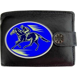 Klassek Horse Racing and Jockey on Blue Badge Background Betting Gambling Mens Wallet Real Black Leather RFID Blocking with Coin Pocket and Metal Gift Box