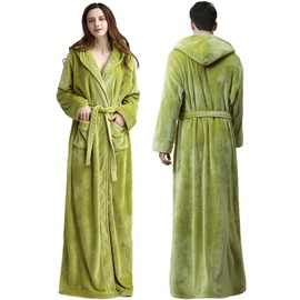 Oksun Womens Long Fleece Robe: Floor Length Flannel Hooded Bathrobe, Plush Warm Winter Housecoat, Fluffy Soft Cozy Nightgown (Green, L)