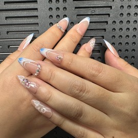 CECOBAG 24pcs Medium Pressed Almond Nail, Pink Rhinestone Encrusted French Pointed Nails, Reusable Artificial Nails with Floral Patterns for Women DIY Nail Art Kit