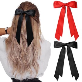 Kryzalite 2 Pieces Silky Satin Hair Bows Hair Clip Red Black Hair Band Ponytail Holder Metal Clips Hair Bow for Women