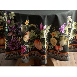 Maison d' Hermine Table Cloth 100% Cotton 63" Diameter Decorative Tablecover Washable Round Tablecloths, Dining, Party, Pumpkin Garden - Dark Green - Thanksgiving/Christmas