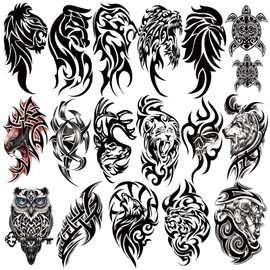 77 Sheets Temporary Tattoo, 17 Sheets Half Arm Black Tribal Lion Owl Wolf Turtle Deer Fake Body Arm Tattoos for Adults Men Women, 60 Sheets Tiny Tattoos Stickers for Boys Girls Kids Party Supplies