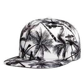 Quanhaigou White Black Palm Tree Print Snapback Hat - Coco Trucker Hats for Men Women - Coconut Flat Bill Brim Dad Adjustable Baseball Cap