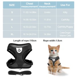 shudyear Summer cat Chest Harness and Leash, Anti-Escape Adjustable Soft mesh cat Leash and Chest Harness Set for All Types of Cats cat Vests (Size M,Black)