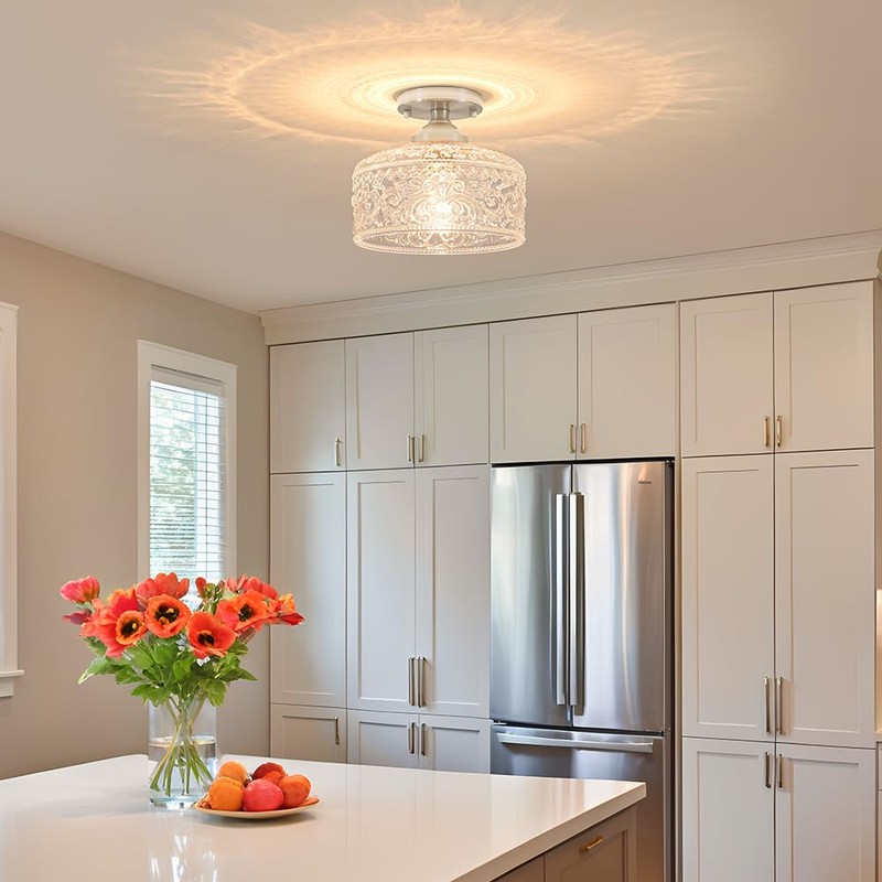 Brushed Nickel Semi Flush Mount Ceiling Light, Antique Ceiling Light