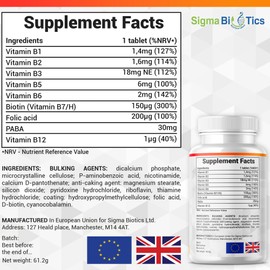 SigmaBiotics Vitamin B Complex Tablets - Blend of 8 B Vitamins & Vitamin C - Folic Acid, B1, B2, B3, B5, B6 and Vitamin B12 Supplement - Vegan & Gluten Free - 120 Tablets