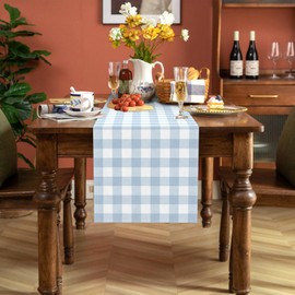 Buxiuer Dusty Blue Gingham Table Runner Light Blue Checkered Boy Girl Baby Shower Birthday Party Decoration Home Dining Kitchen Island Decor (13" x 108")