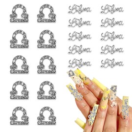 SILPECWEE 20pcs Libra Nail Charms, 3D Silver Zodiac Sign Nail Art Charms Metal Zodiac Letter Nail Studs Rhinestones Jewels Nail Art Decoration for Acrylic Nails