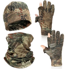 Janmercy 3 Pcs Camouflage Beanie Gloves and Scarf Set Include Beanie Neck Gaiter, 1 Pair Full Finger Hunting Gloves (Classic Color)