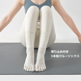 iSEN LABEL 5 Toe Socks, Crew Socks, Yoga Socks, Non-slip, Women's Socks, Middle Length, Ballet, Pilates, Breathable, Odor Resistant, Sports, Fitness, Cold Retention, white (off-white), M-L