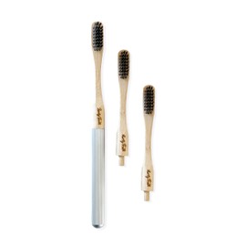 Replaceable Bamboo Toothbrush Aluminum Handle - BPA Free, Soft Bristles | Eco-Friendly, Biodegradable, Compostable, Vegan & Zero Waste | 3 Heads Total | 9-12 Months supply. (CHARCOAL BRISTLES)