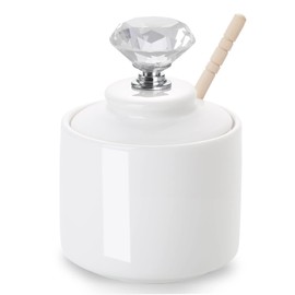 Ceramic Honey Jar with Dipper and Crystal Lid, Small Honey Pot for Home Kitchen, 8oz (Silver)